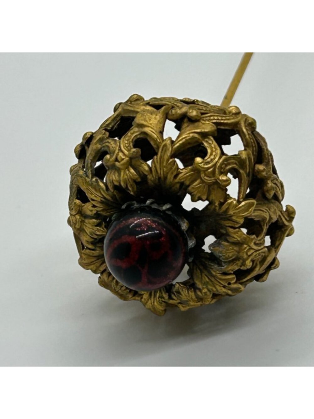 Antique Edwardian Hat Pin Gilded Brass Filigree Red Cabochon 1900s 9" READ - Picture 14 of 16